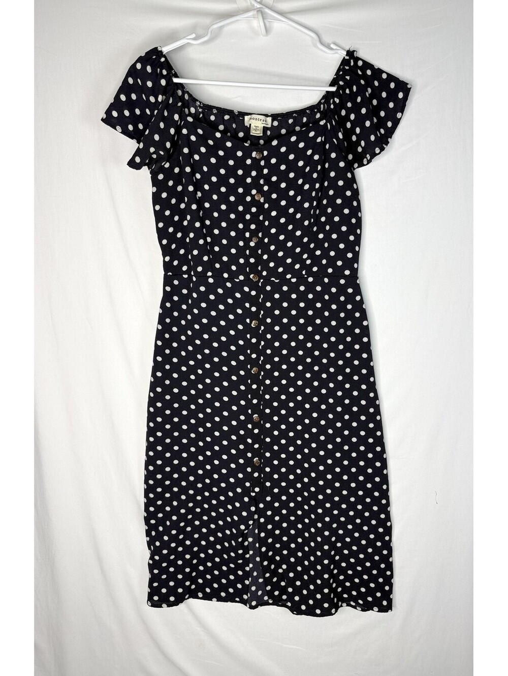 Navy White Polka Dot Button Front Midi Dress L Retro 90s Vintage Inspired
